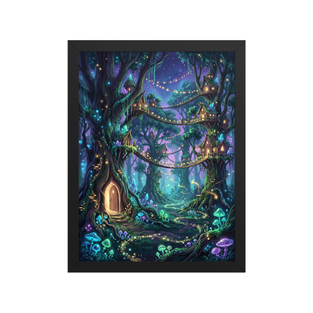 Elven Treehouse Village Art Print, dreamy fantasy wall art, woodland decor, storybook illustration, gift for fantasy lovers