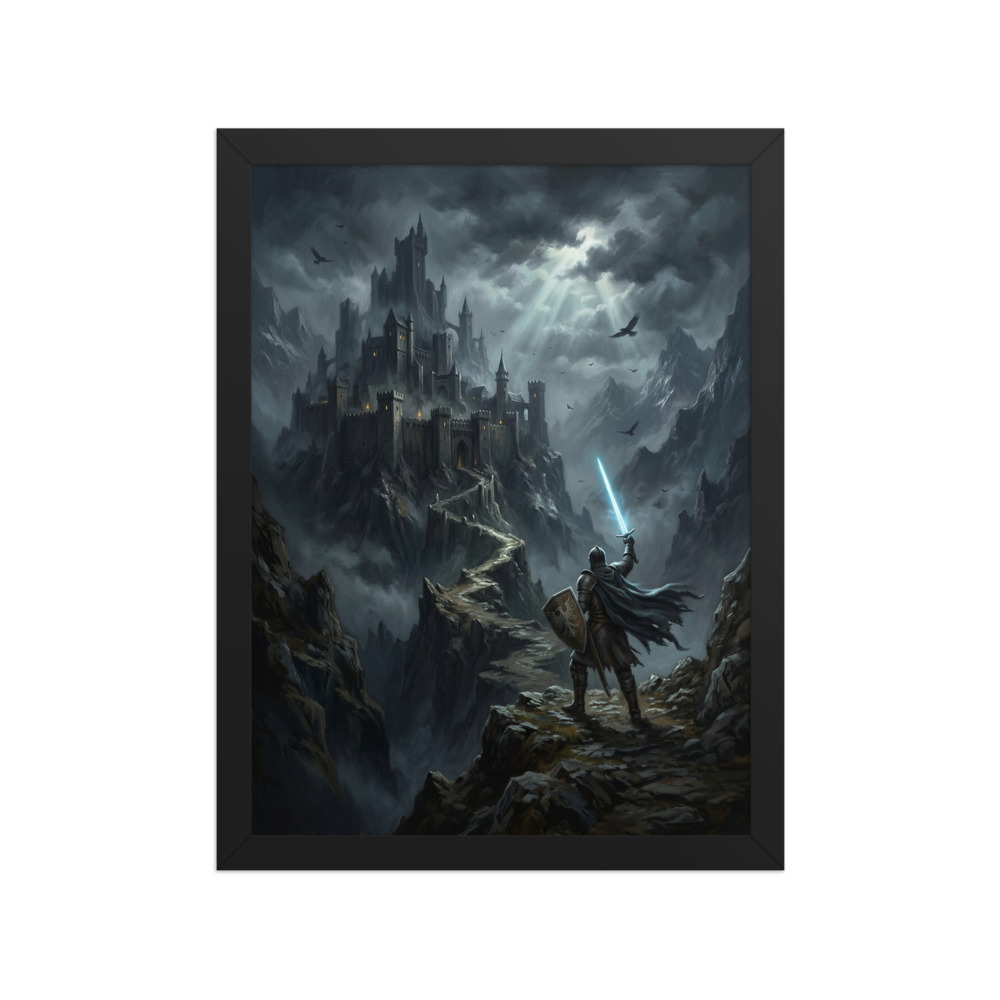 Lone Armored Knight Art Print, dark fantasy painting, medieval wall decor, moody castle art, gift for fantasy fans