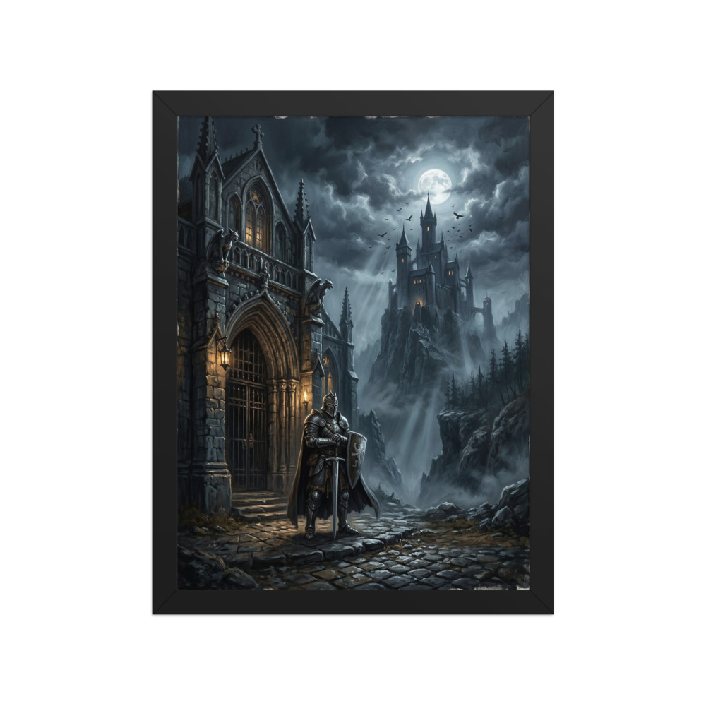 Moonlit Paladin Art Print, dark fantasy medieval wall art, moody castle room decor, gift for dark fantasy fans