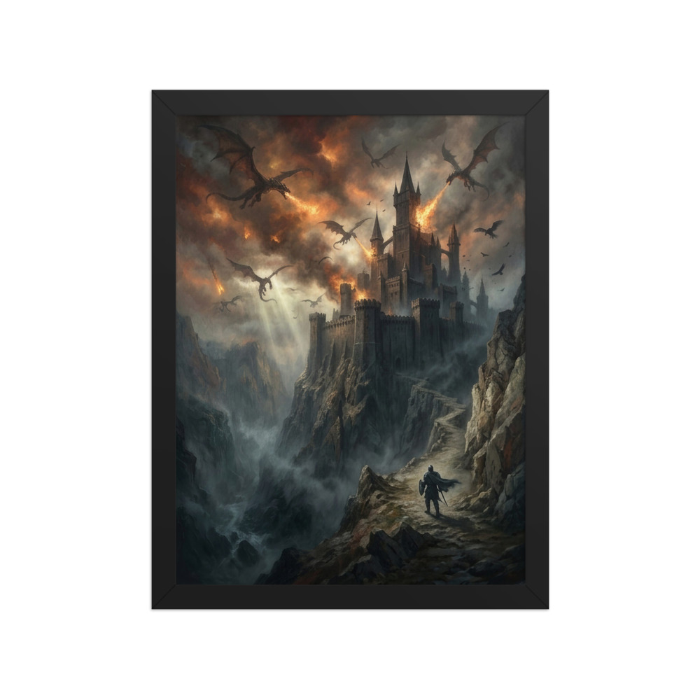 Siege of the Cliff Castle Art Print, dark fantasy wall art, medieval decor, moody study artwork, gift for fantasy fans