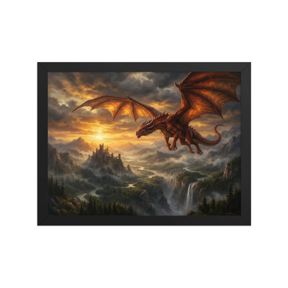 Red Dragon Over Misty Valley Art Print, fantasy oil painting, dramatic living room decor, gift for dragon art fans