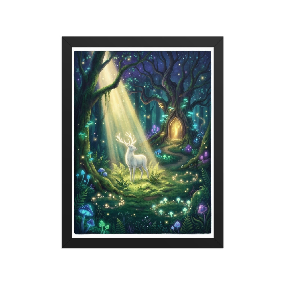 White Stag Art Print, dreamy fantasy forest decor, storybook wall art, magical woodland illustration, nature lover gift