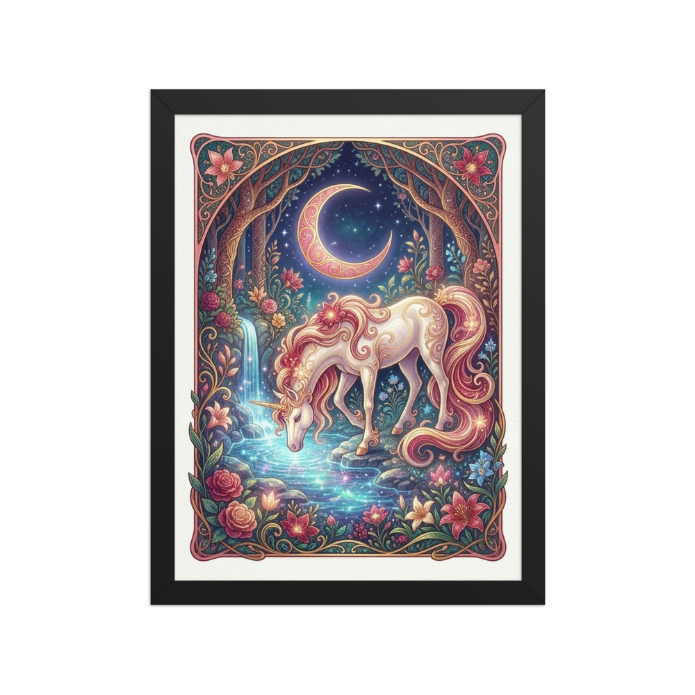 Moonlit Unicorn Art Print, Art Nouveau fantasy illustration, romantic botanical decor, gift for unicorn lovers