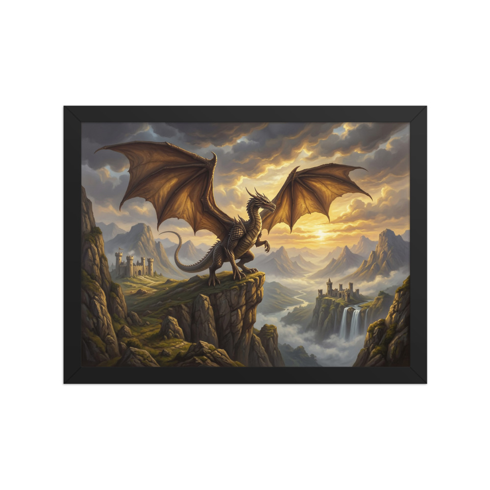Red Dragon Over Misty Valley Art Print, fantasy oil painting, living room decor, gift for dragon lovers and fantasy fans