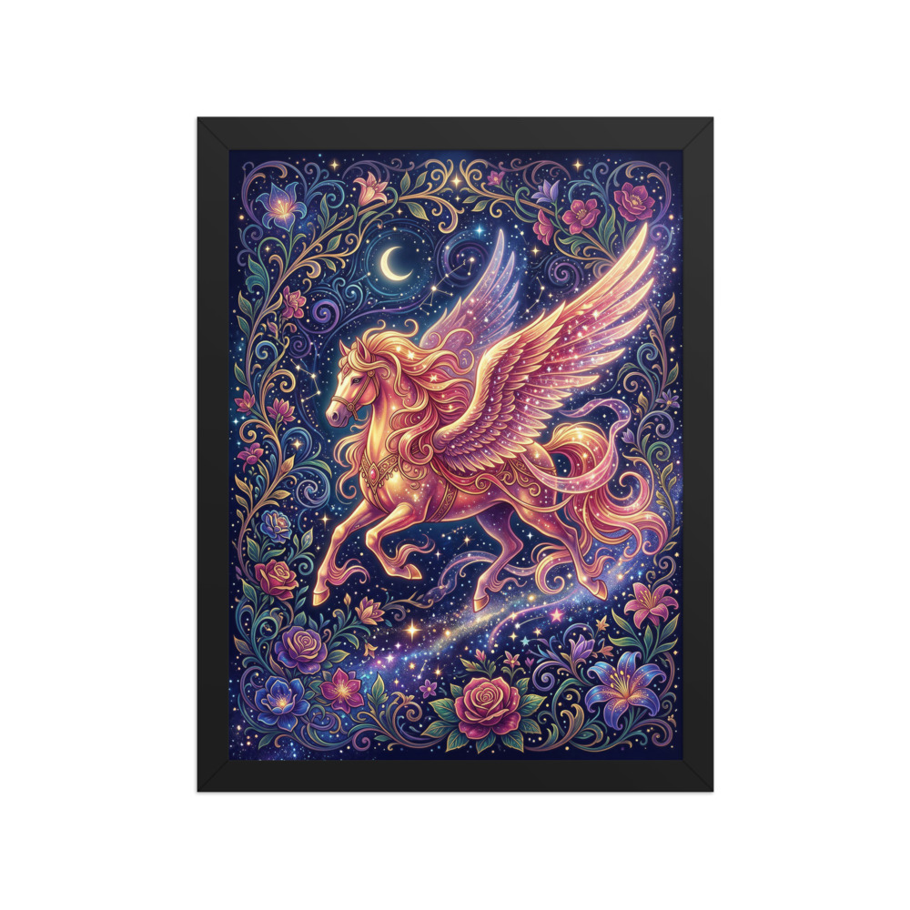 Celestial Pegasus Art Print, art nouveau wall decor, celestial bedroom art, botanical fantasy artwork, romantic gift for fantasy lovers