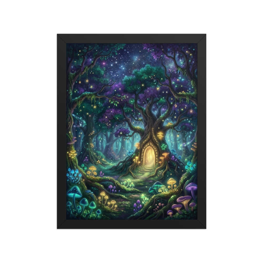 Bioluminescent Mushroom Grove Art Print, dreamy storybook forest art, reading nook decor, fantasy gift, woodland home accent