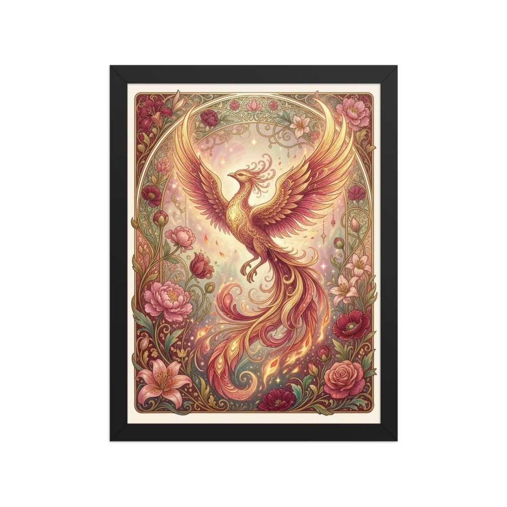 Phoenix Rising in Flight Art Print, art nouveau wall art, romantic bedroom decor, botanical home decor, fantasy gift for her