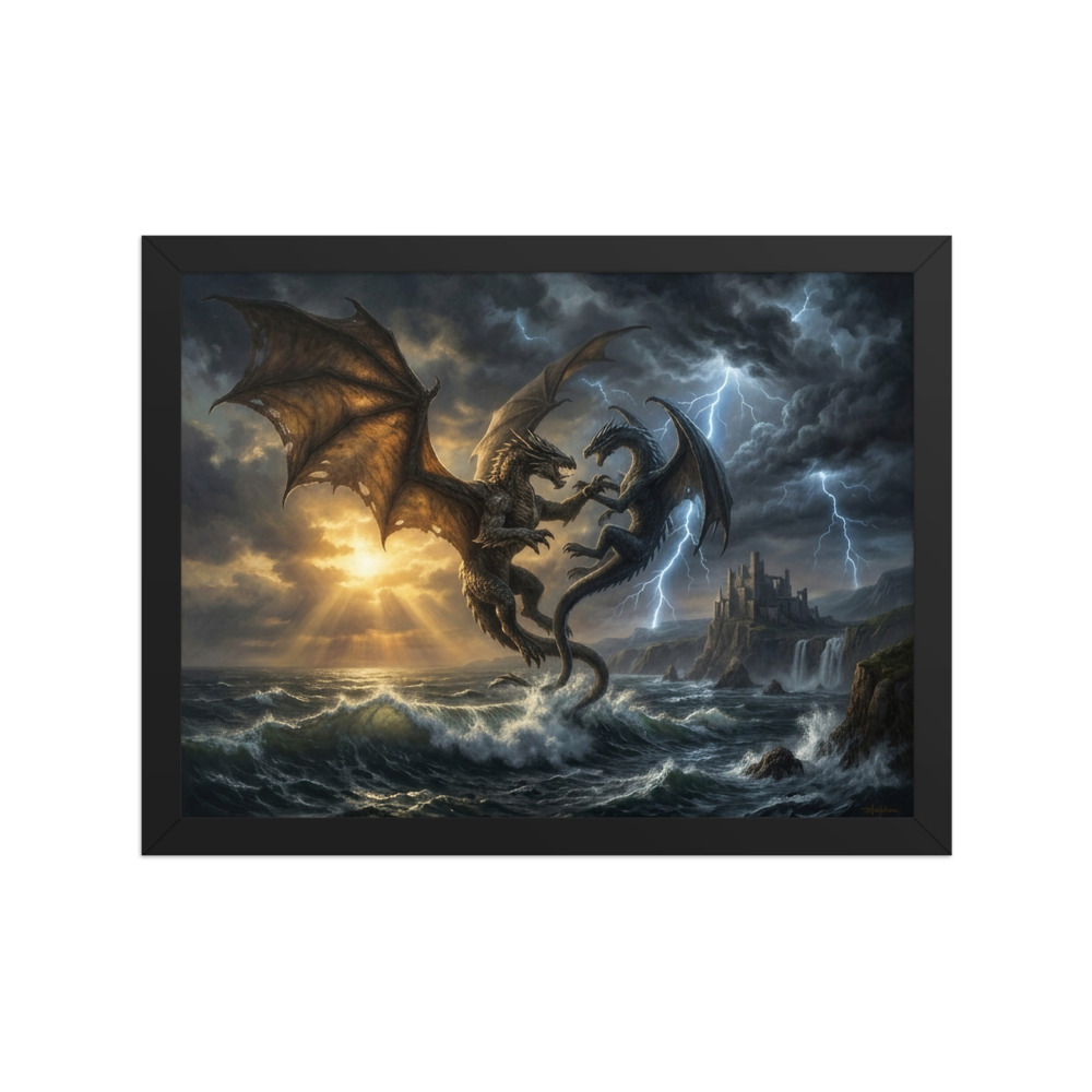 Two Dragons Battling Above a Stormy Sea Art Print, cinematic fantasy art, living room wall decor, gift for dragon lovers