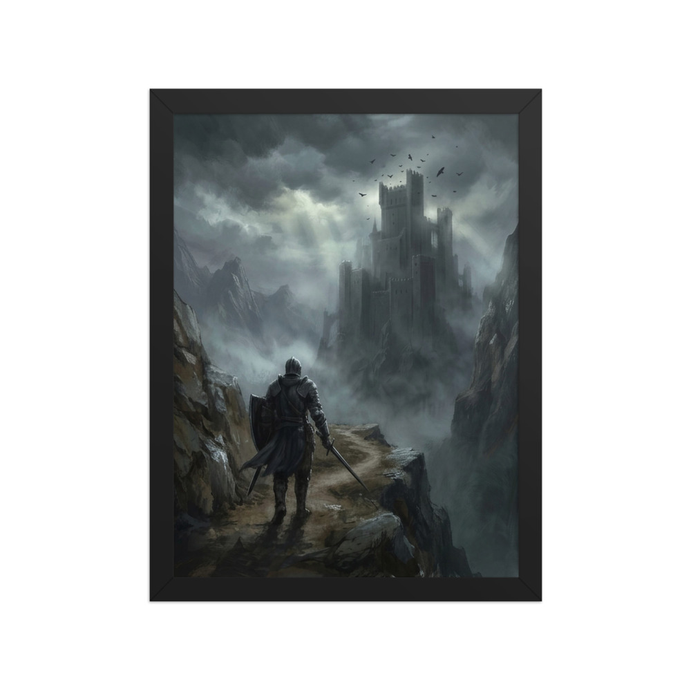 Knight Before Misty Castle Art Print, dark fantasy wall art, medieval decor, moody study decor, gift for fantasy lovers