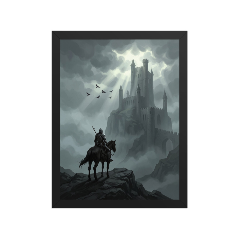 Knight Before Misty Castle Art Print, dark fantasy wall art, medieval decor, reading nook decor, gift for fantasy art lovers