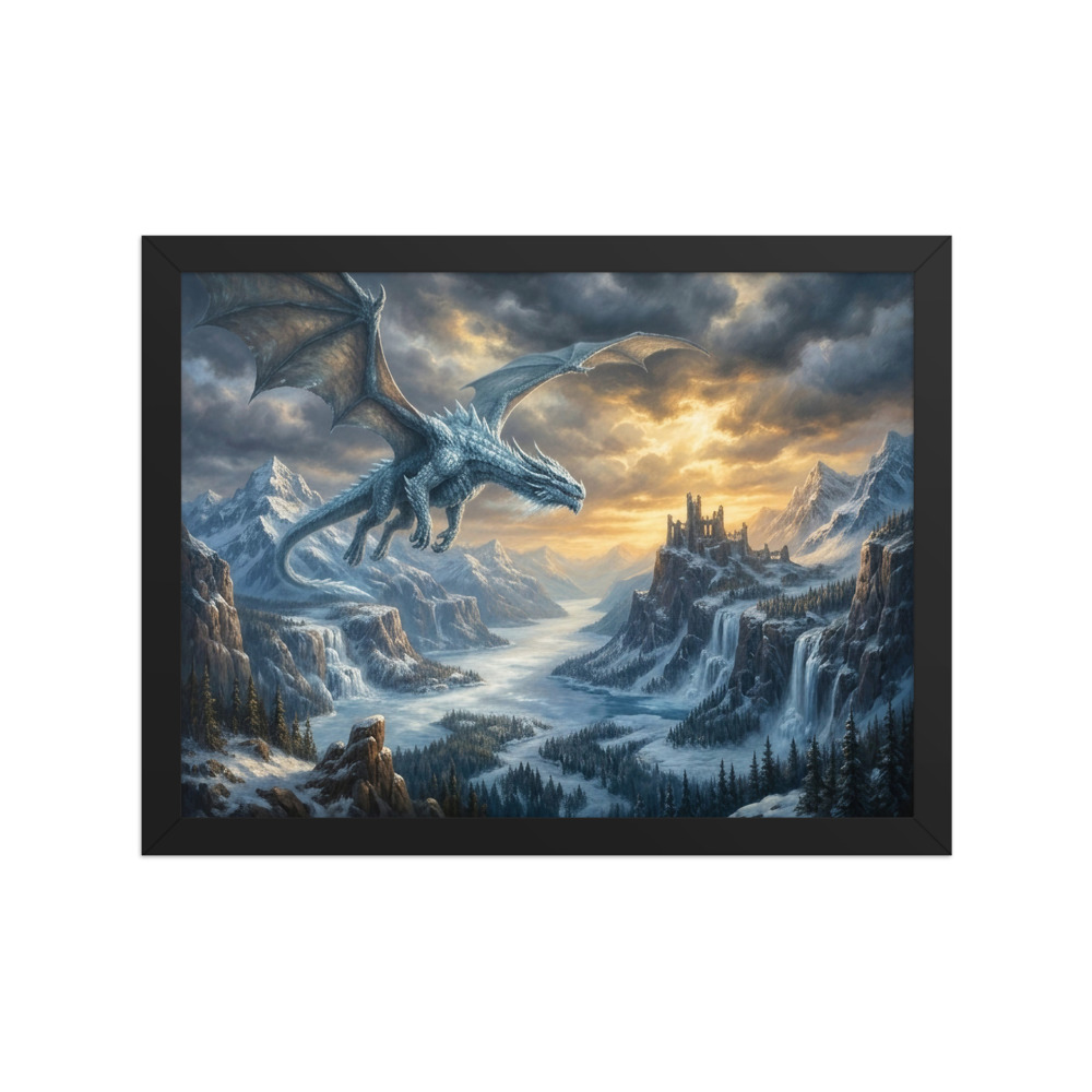 Ice Dragon Art Print, epic fantasy oil painting, frozen fjord decor, statement wall art, gift for dragon lovers