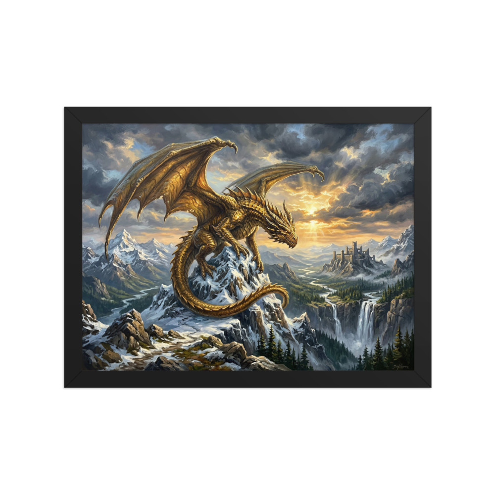 Golden Mountain Dragon Art Print, epic fantasy oil painting, living room wall art, castle landscape art, dragon lover gift