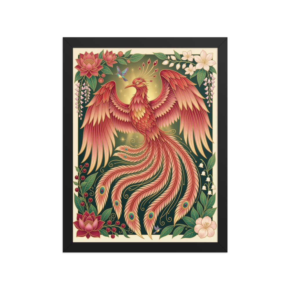 Phoenix Rising Art Print, art nouveau floral decor, botanical wall art, romantic bedroom accent, gift for fantasy art lovers