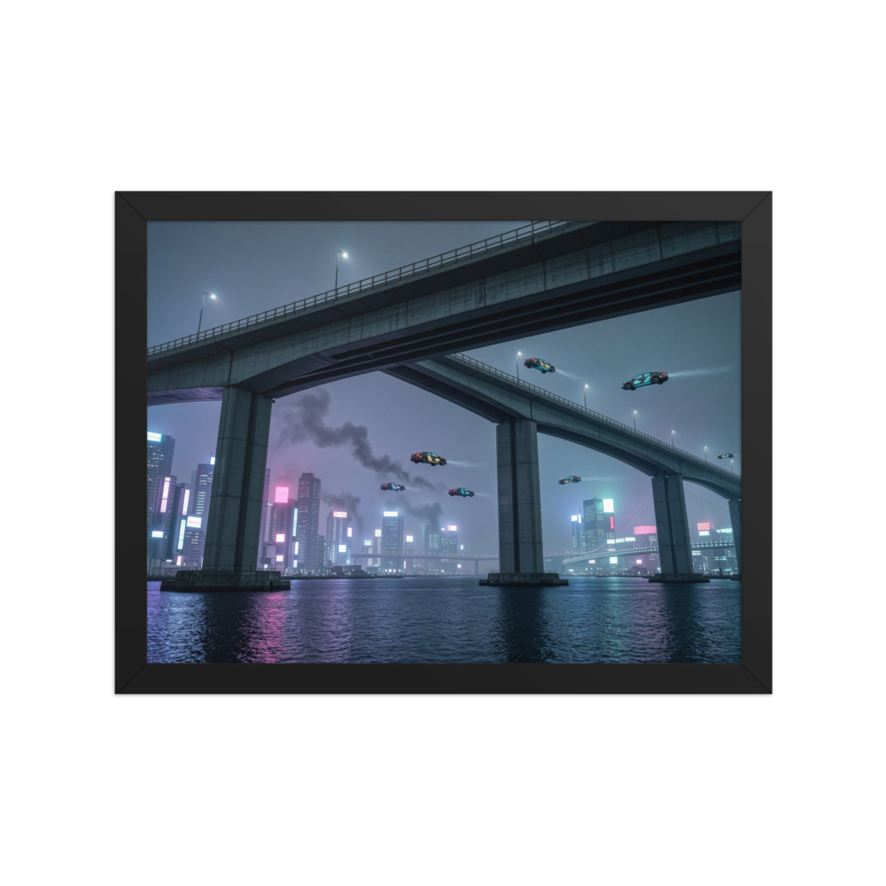 Massive concrete overpass at night over neon Tokyo Art Print, cyberpunk wall art, modern living room decor, futuristic design gift