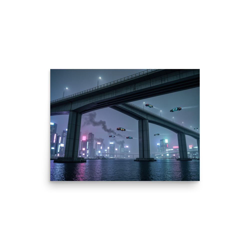 Massive concrete overpass at night over neon Tokyo Art Print, cyberpunk wall art, modern living room decor, futuristic design gift