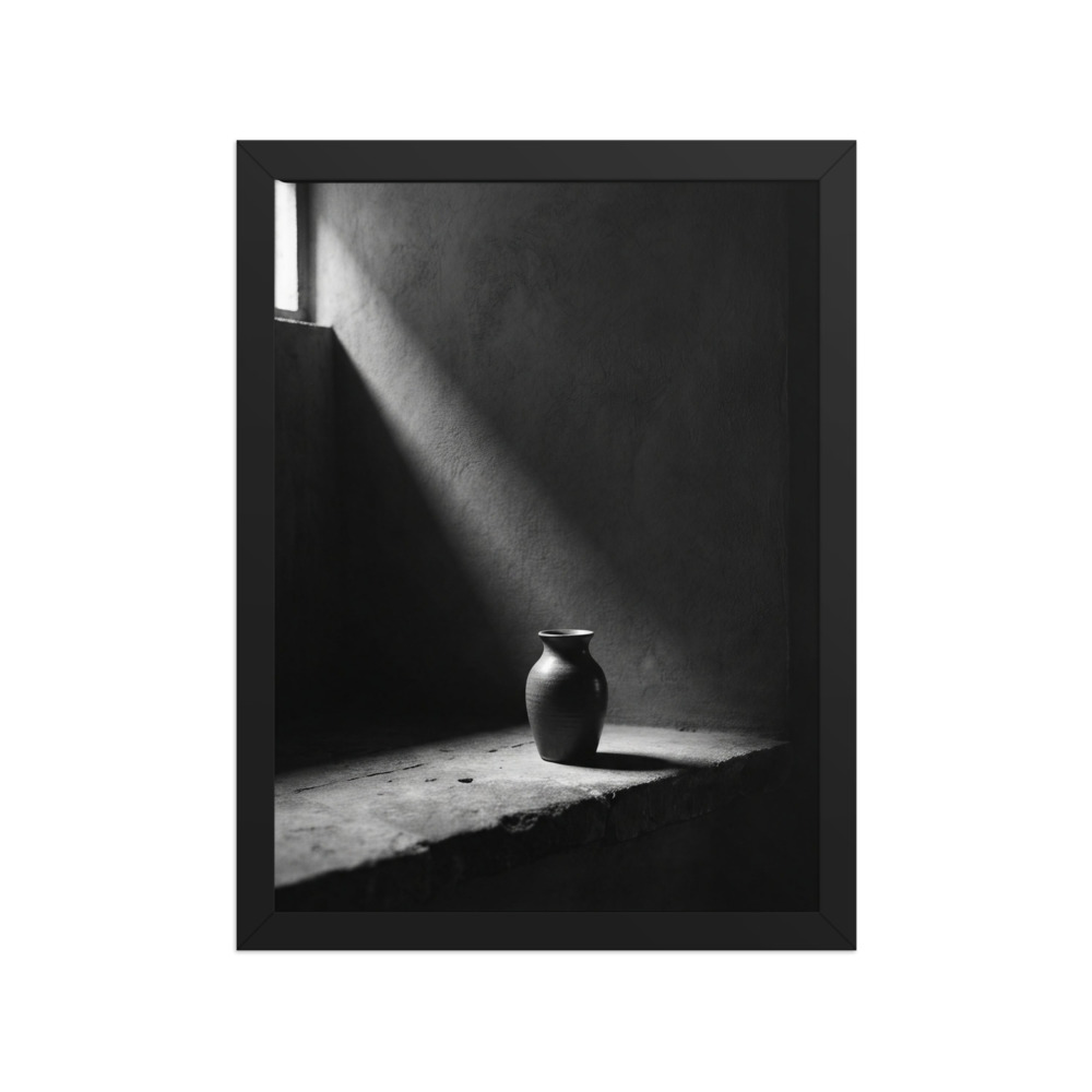 Lone ceramic vase on a bare ledge Art Print, minimalist black and white photography, living room decor, housewarming gift