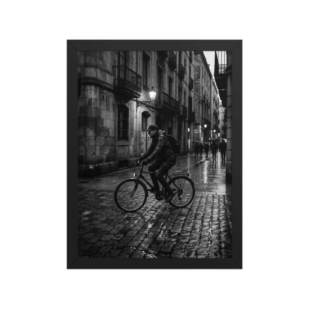 Cyclist Crossing Cobblestones Art Print, black and white street photography, film-noir wall art, living room decor, gift for photography lovers