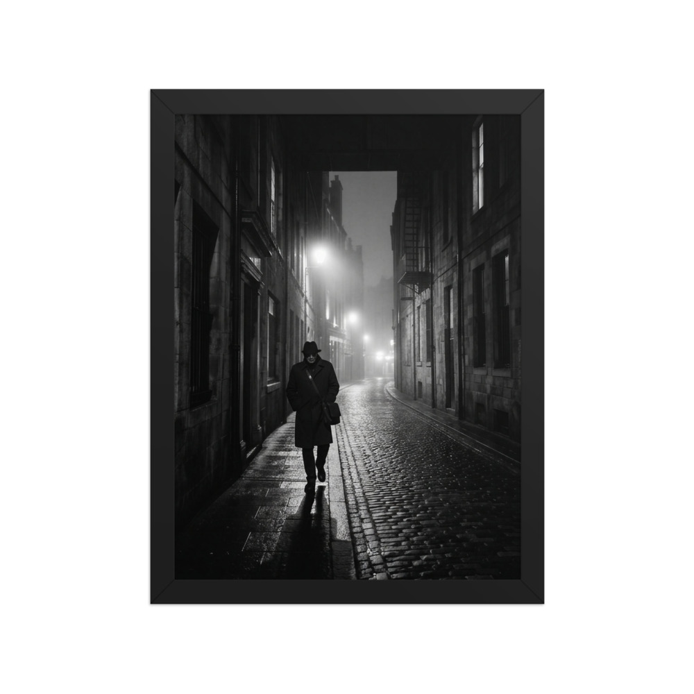 Lone Figure on a Misty Street Art Print, black and white photography, film noir wall art, gift for photography lovers