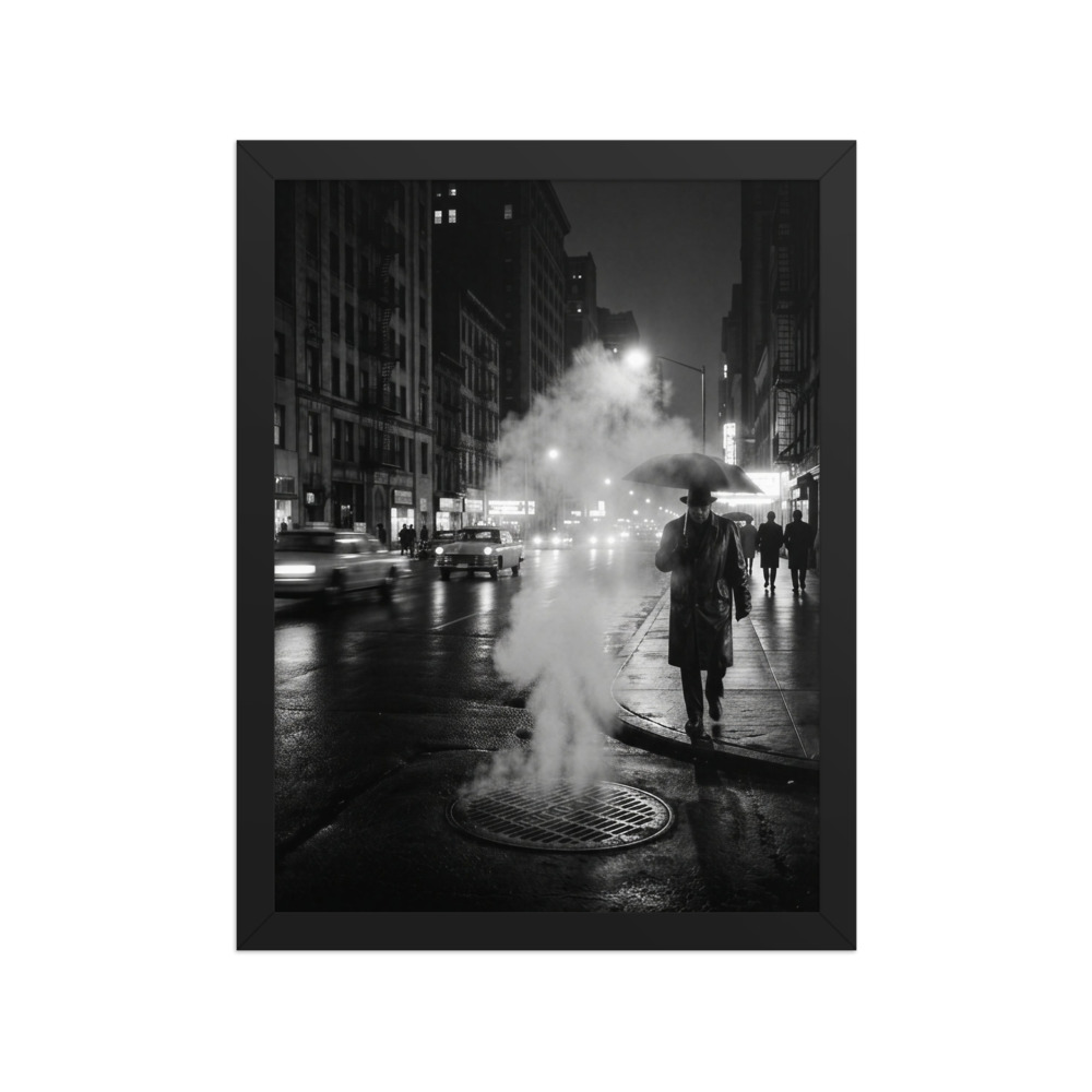 Steam Over a City Grate Art Print, black and white street photography, film-noir wall art, urban home decor, gift for photography lovers