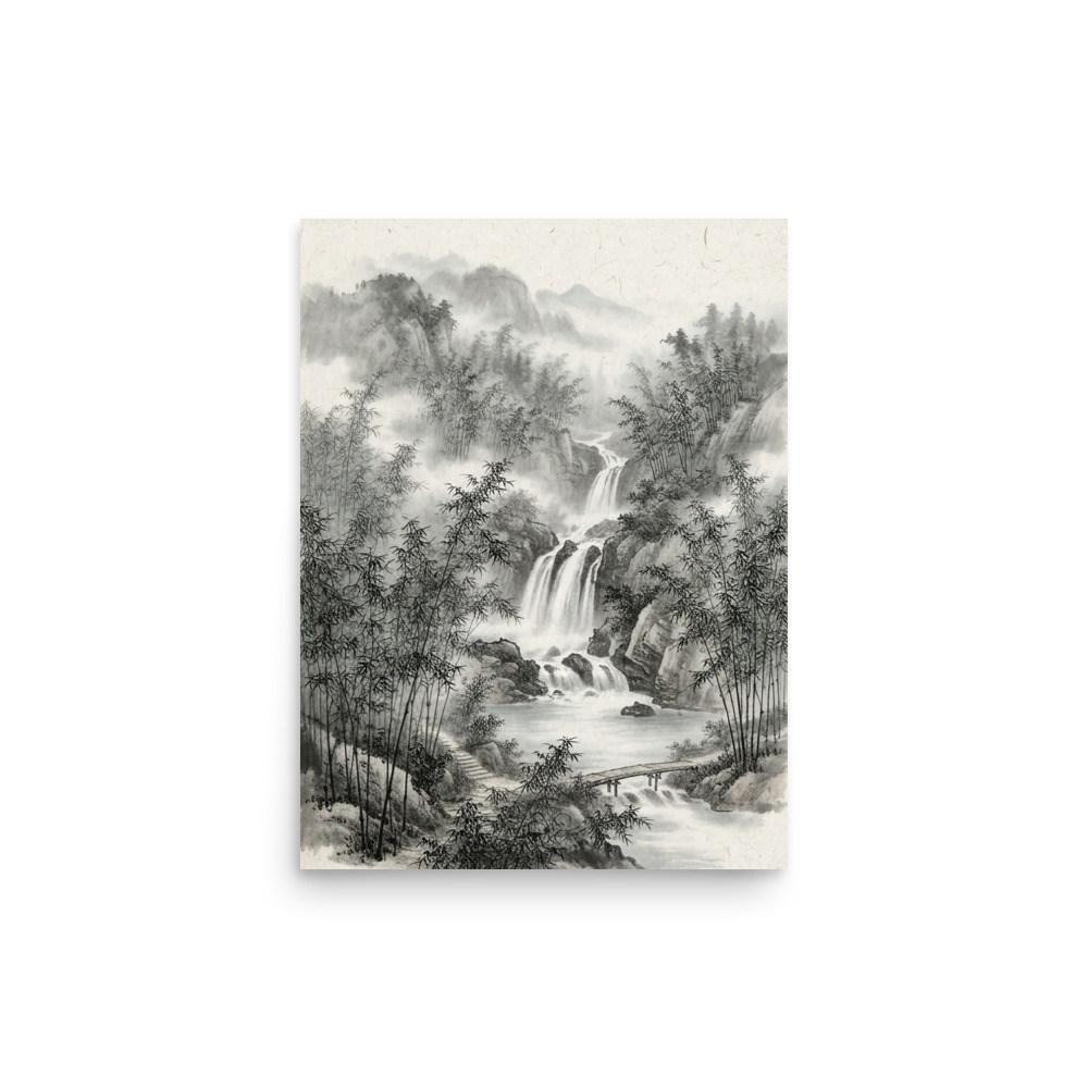 Waterfall in Bamboo Grove Art Print, traditional Chinese ink wash, zen wall art, meditation room decor, gift for art lovers