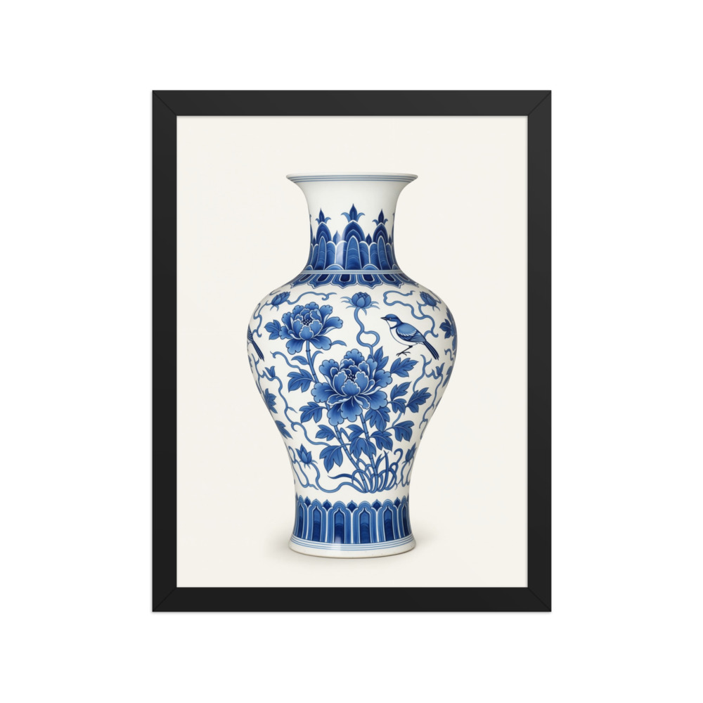Blue & White Peony Vase Art Print, blue and white porcelain style, botanical wall art, classic home decor, gift for china lovers