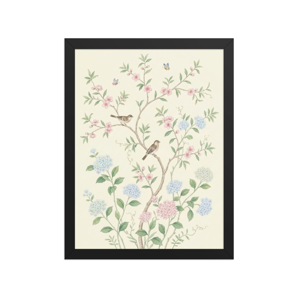 Ivory Hydrangea and Plum Branches with Finches Art Print, Chinoiserie watercolor, bedroom decor, nature lover gift