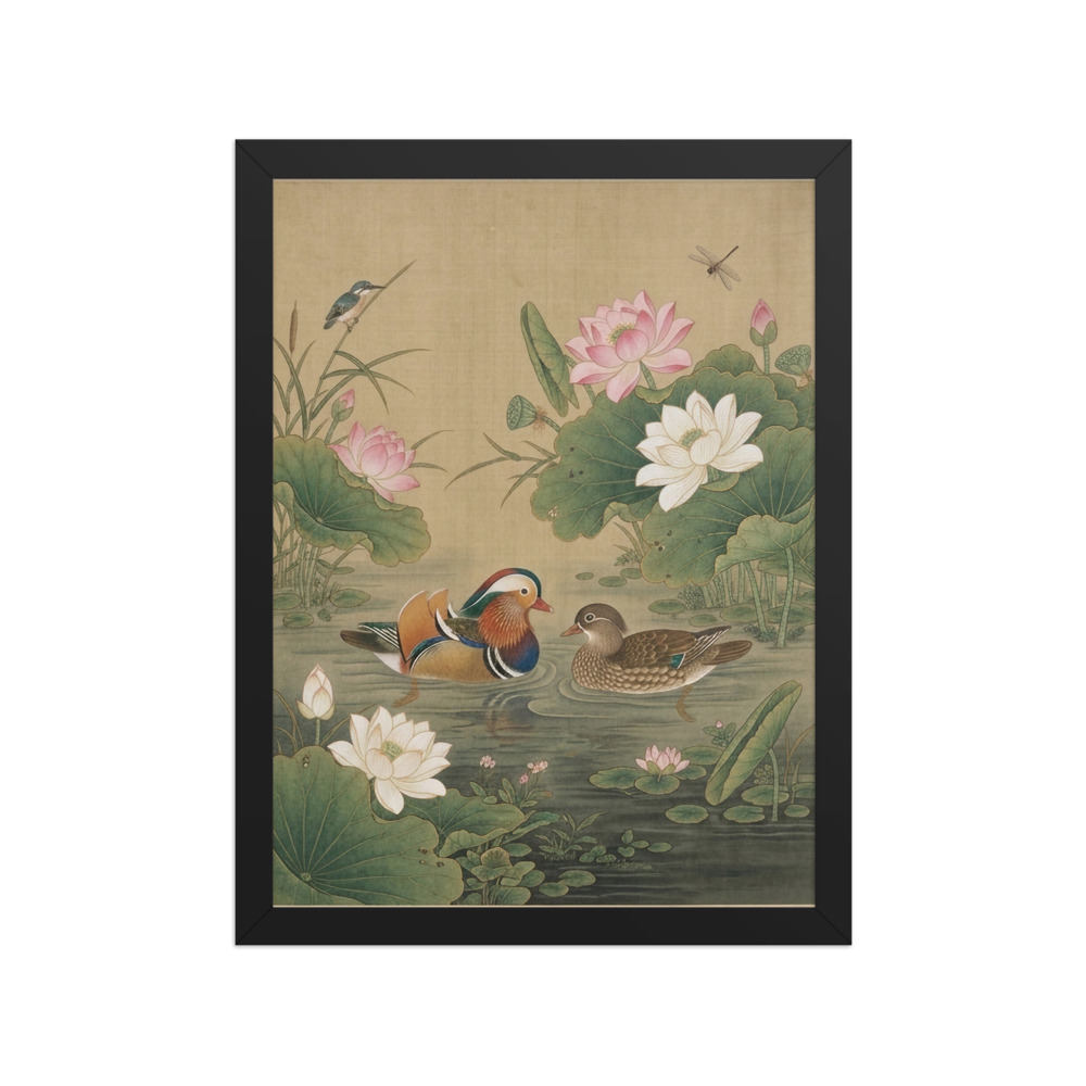 Mandarin Ducks & Lotus Art Print, Chinese gongbi painting, elegant living room decor, refined gift for art lovers