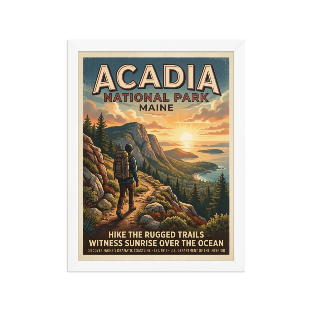 Acadia National Park Art Print, vintage travel poster, sunrise landscape wall art, hiking decor, gift for nature lovers