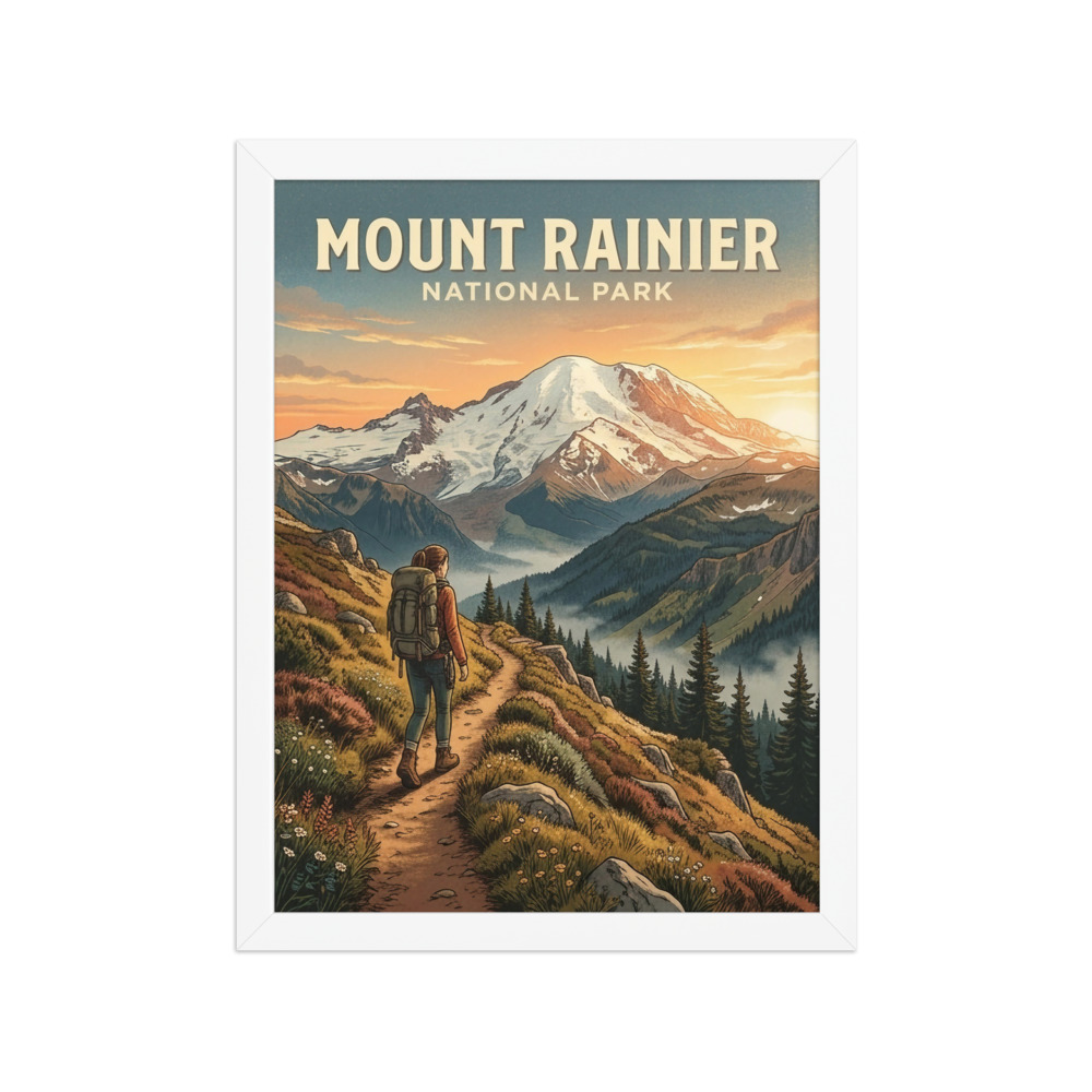 Mount Rainier National Park Art Print, vintage adventure poster, hiking decor, sunrise landscape, gift for hikers
