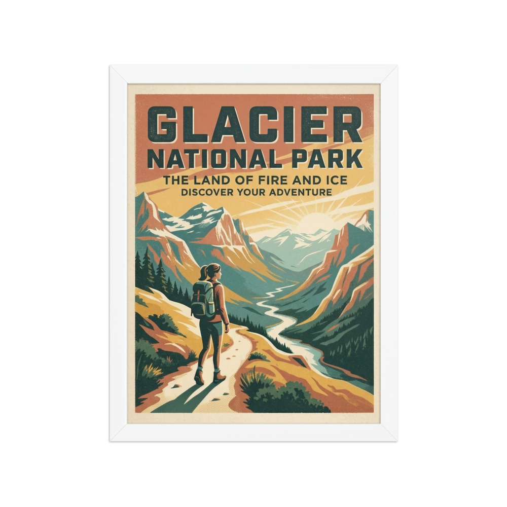 Glacier National Park Art Print, vintage travel poster, retro mountain decor, study or hallway decor, gift for hikers