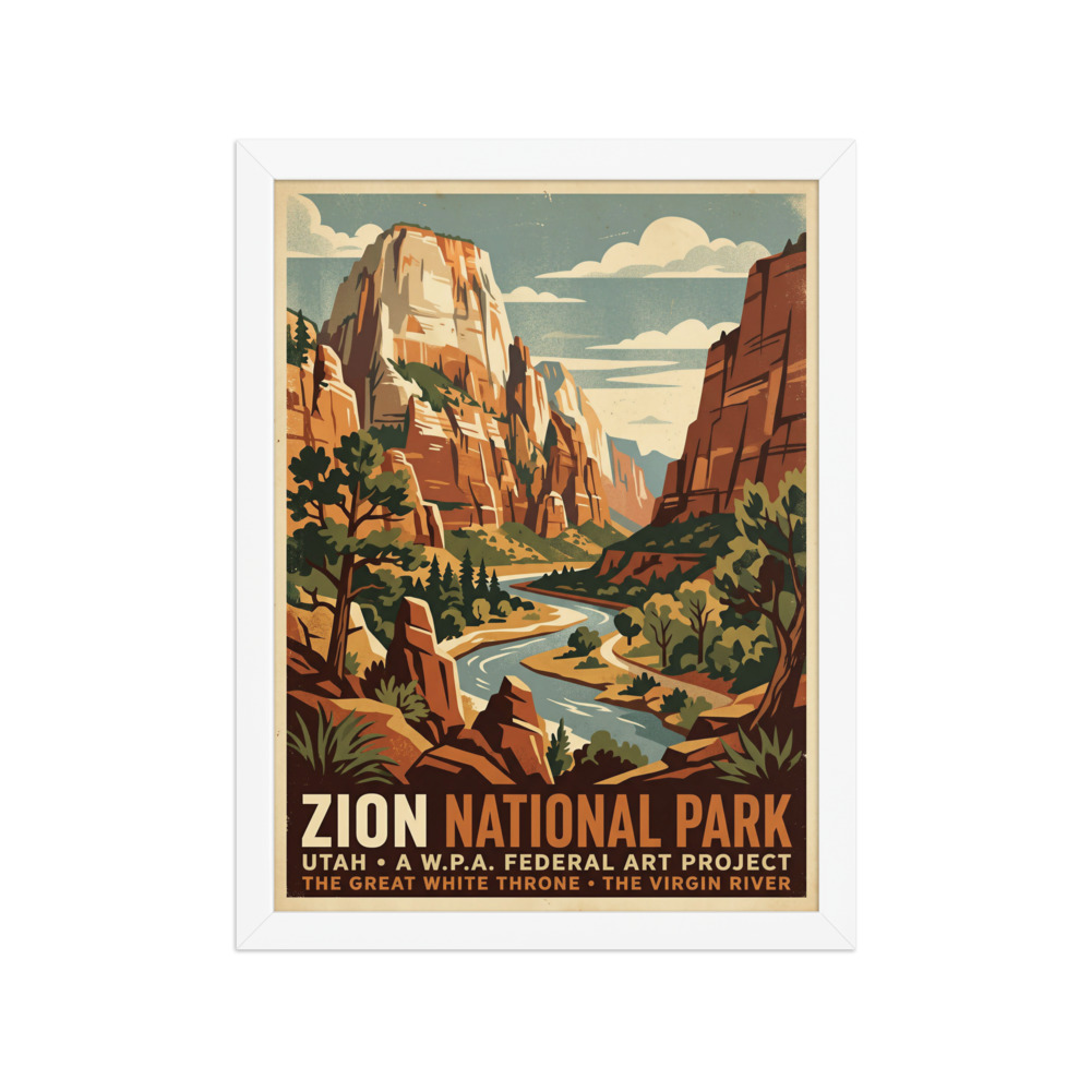 Zion National Park Art Print, vintage WPA poster, Art Deco landscape wall decor, national park gift for hikers