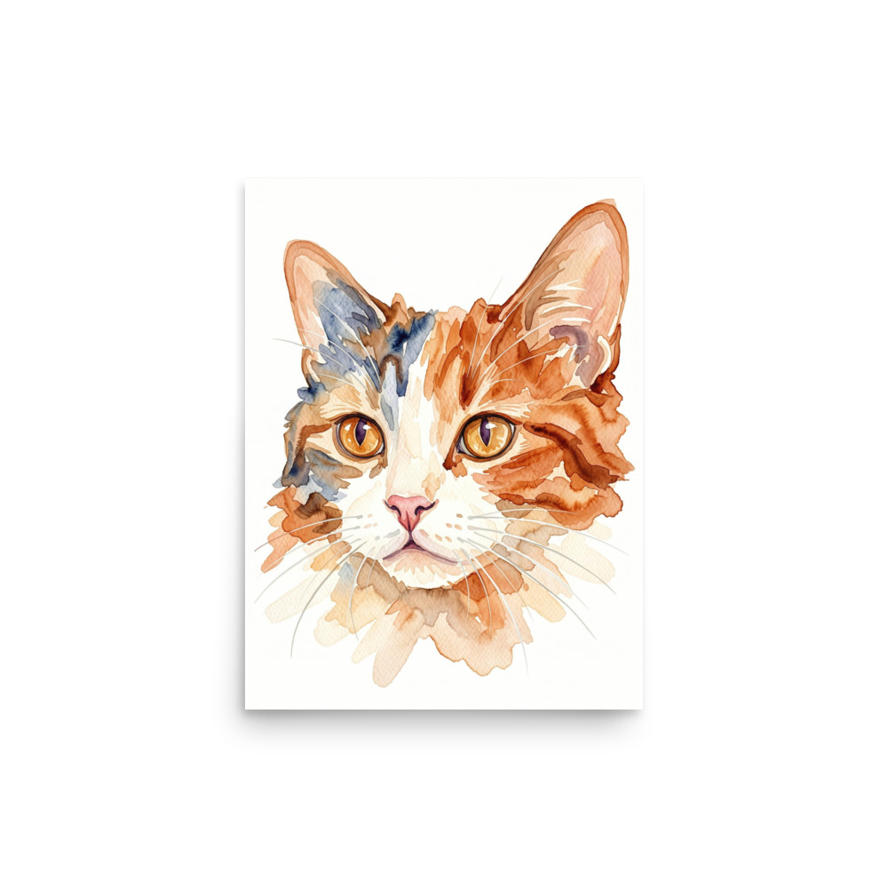 Calico Cat Watercolor Art Print, expressive cat art, white background decor, cat lover gift, cozy home wall art