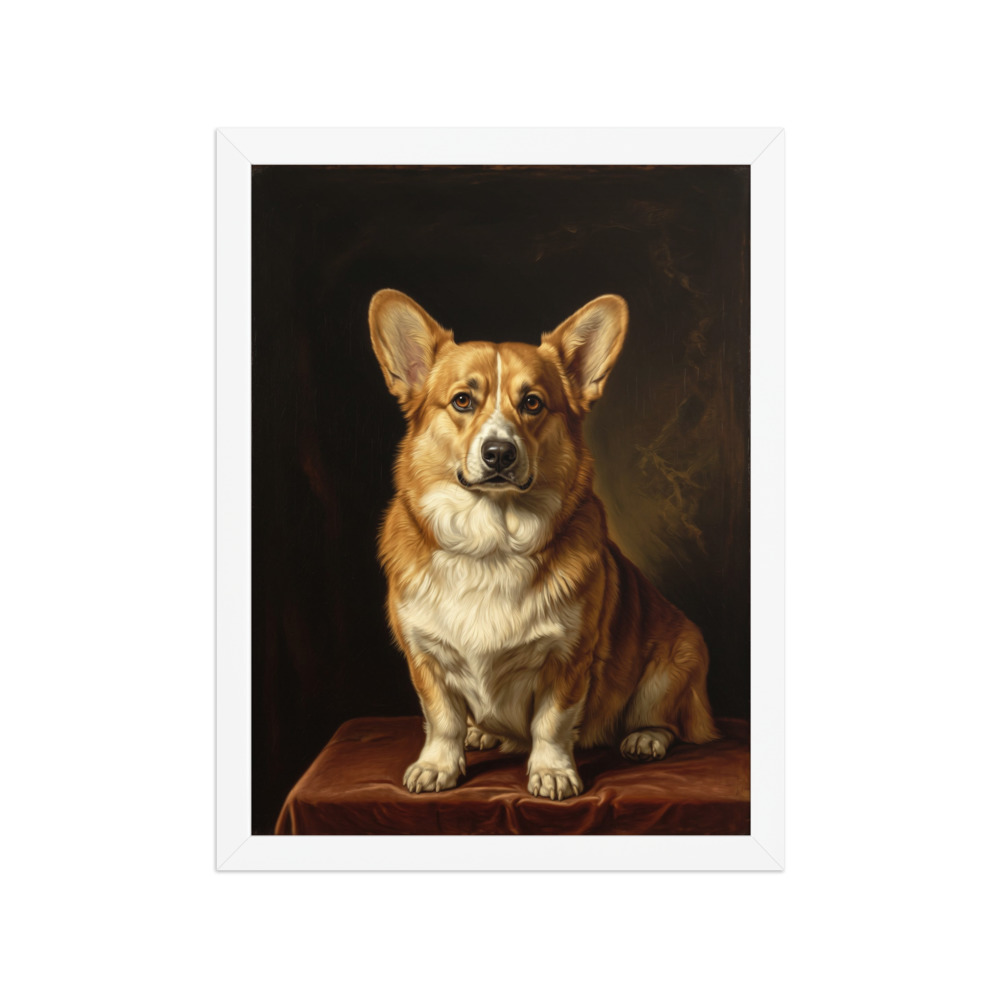 Corgi Portrait Art Print, Dutch master style, dark background wall art, dog lover gift, royal pet portrait for home