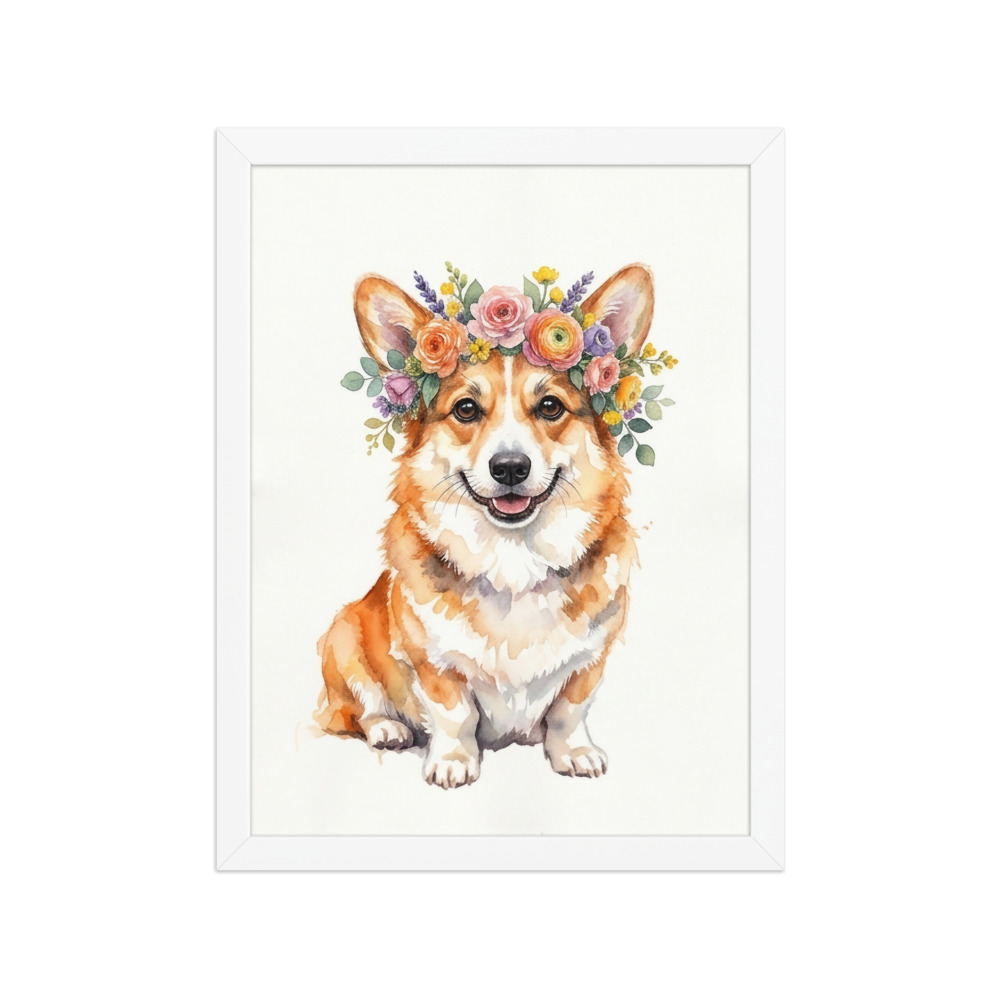Corgi Flower Crown Art Print, watercolor dog portrait, gift for dog lovers, cheerful home wall decor, office wall art