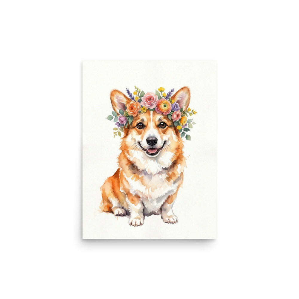 Corgi Flower Crown Art Print, watercolor dog portrait, gift for dog lovers, cheerful home wall decor, office wall art