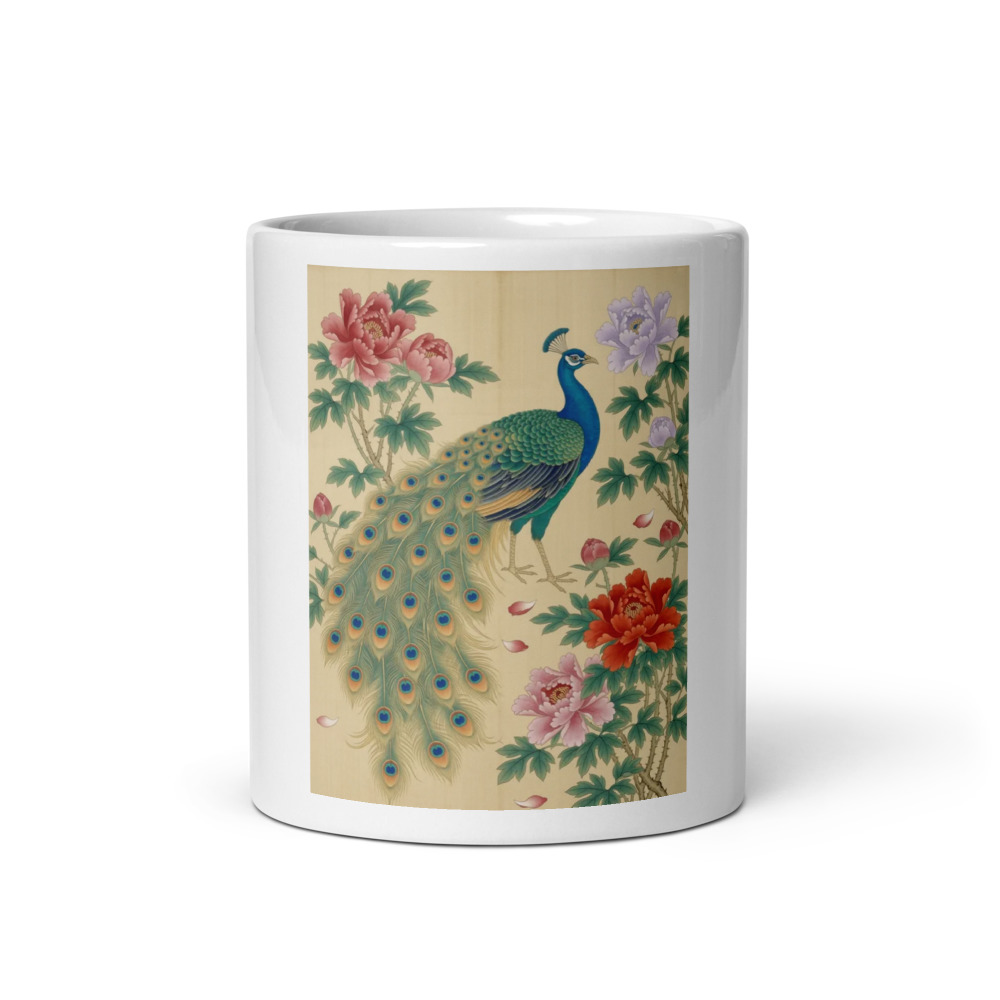 Peacock & Peony Mug, botanical coffee cup, nature-inspired tableware, art lover gift, ceramic floral drinkware