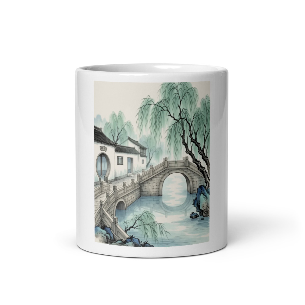 Willow Zigzag Bridge Mug, ceramic art mug, landscape coffee mug, vibrant sublimation print, gift for art lovers