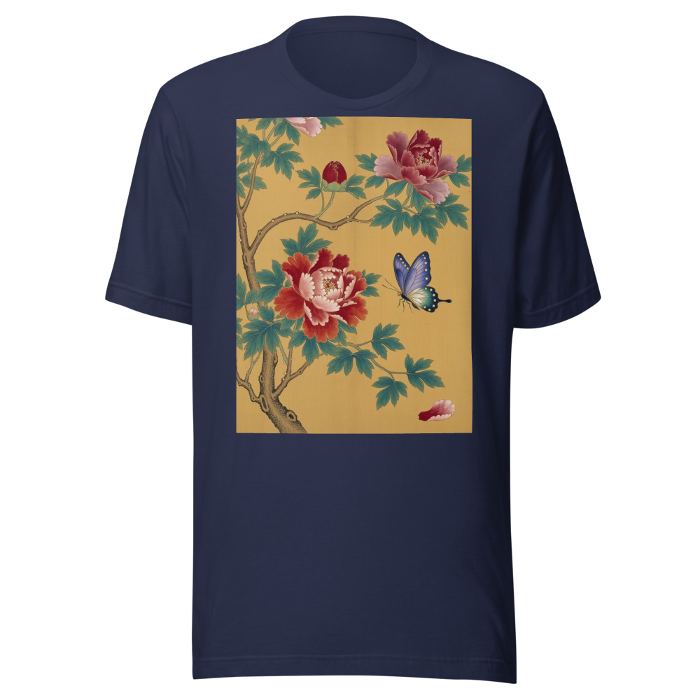 Peony & Butterflies 牡丹 T-Shirt, botanical style, everyday wear, nature-inspired clothing, gift for art lovers
