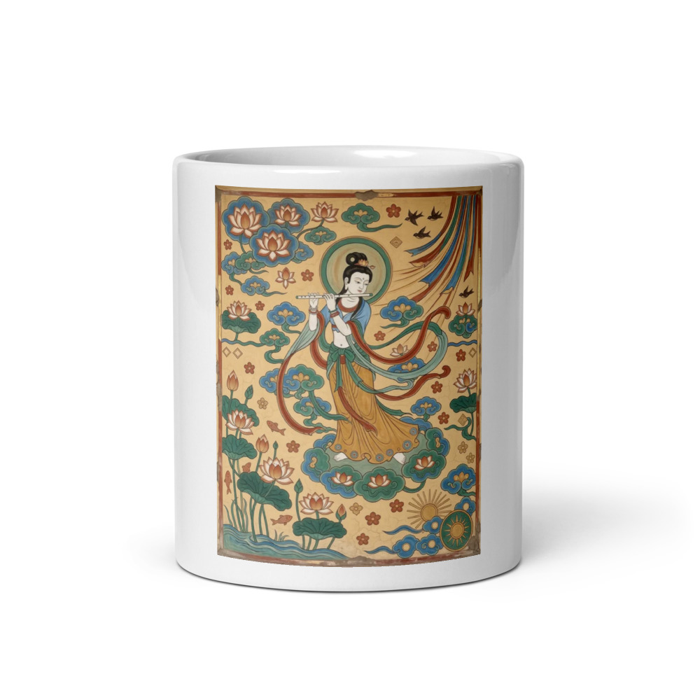 Celestial Musician 伎乐天 Mug, traditional art decor, colorful ceramic drinkware, coffee break mug, gift for music lovers