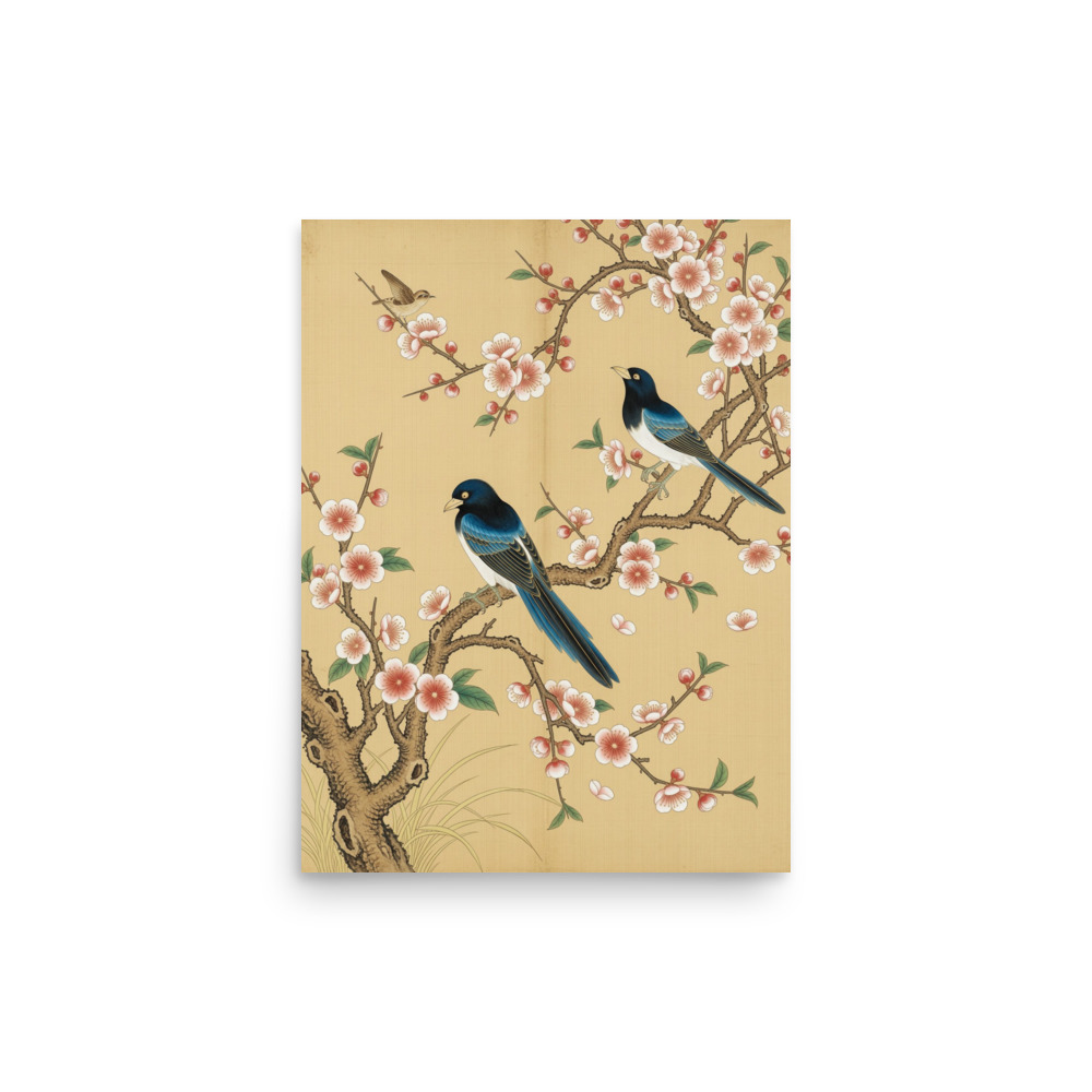 Magpies and Plum Branch Art Print, traditional Chinese gongbi painting, auspicious home decor, housewarming gift