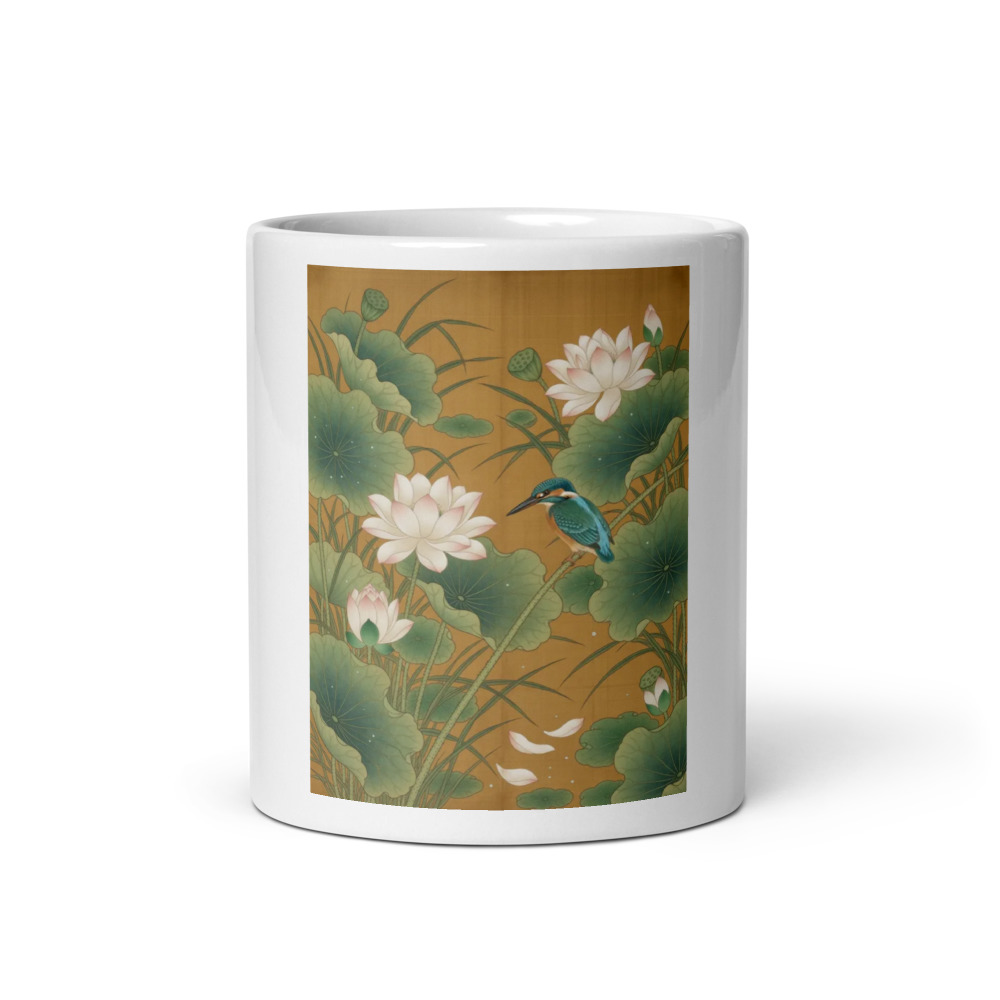 Lotus & Kingfisher 莲 Mug, nature-inspired ceramic drinkware, morning coffee and tea gift, gift for art lovers, botanical kitchen decor