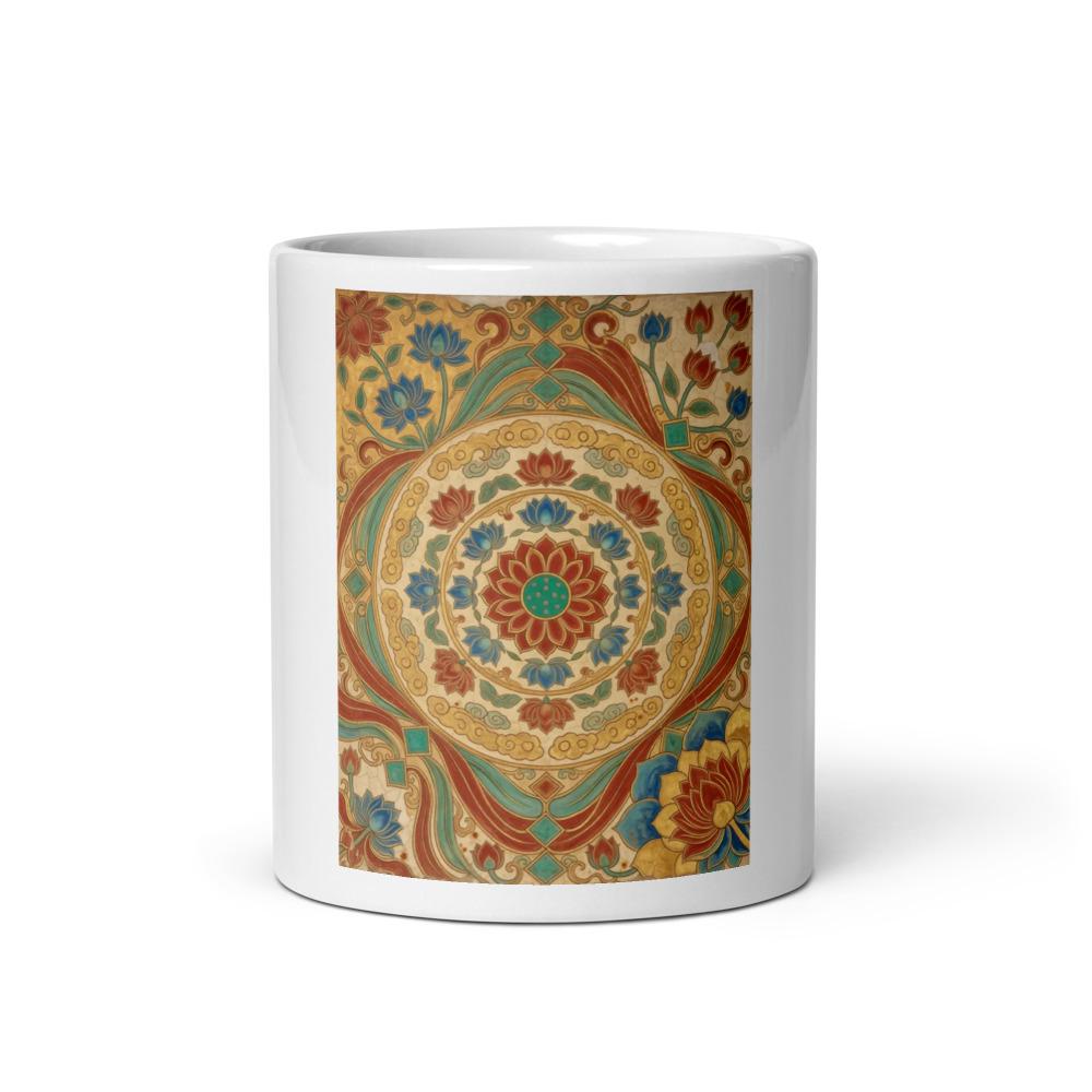 Lotus Caisson 藻井 Mug, traditional motif ceramic drinkware, sublimation art mug, coffee and tea gift, gift for art lovers
