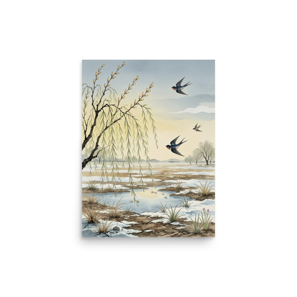 Start of Spring 立春 Art Print, modern gouache guochao art, Chinese seasonal landscape, serene spring wall decor, gift for art lovers