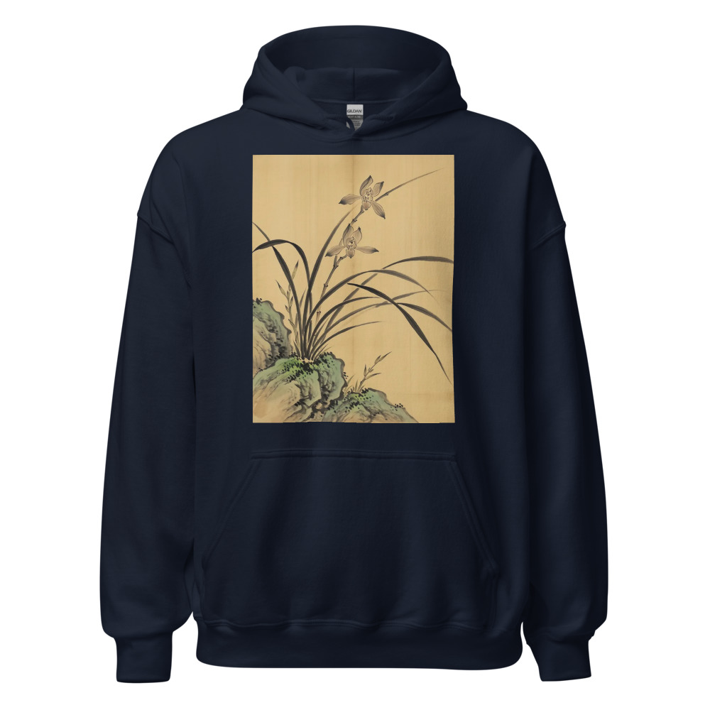 Orchid and Rock Hoodie, floral nature artwork, casual streetwear style, cozy evening layer, gift for art lovers