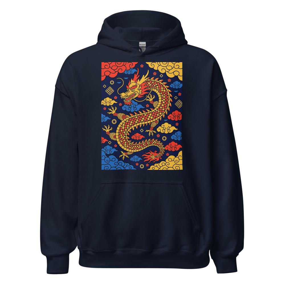 Guochao Dragon 龙 Hoodie, Chinese art streetwear, vibrant dragon fashion, casual everyday wear, gift for art lovers