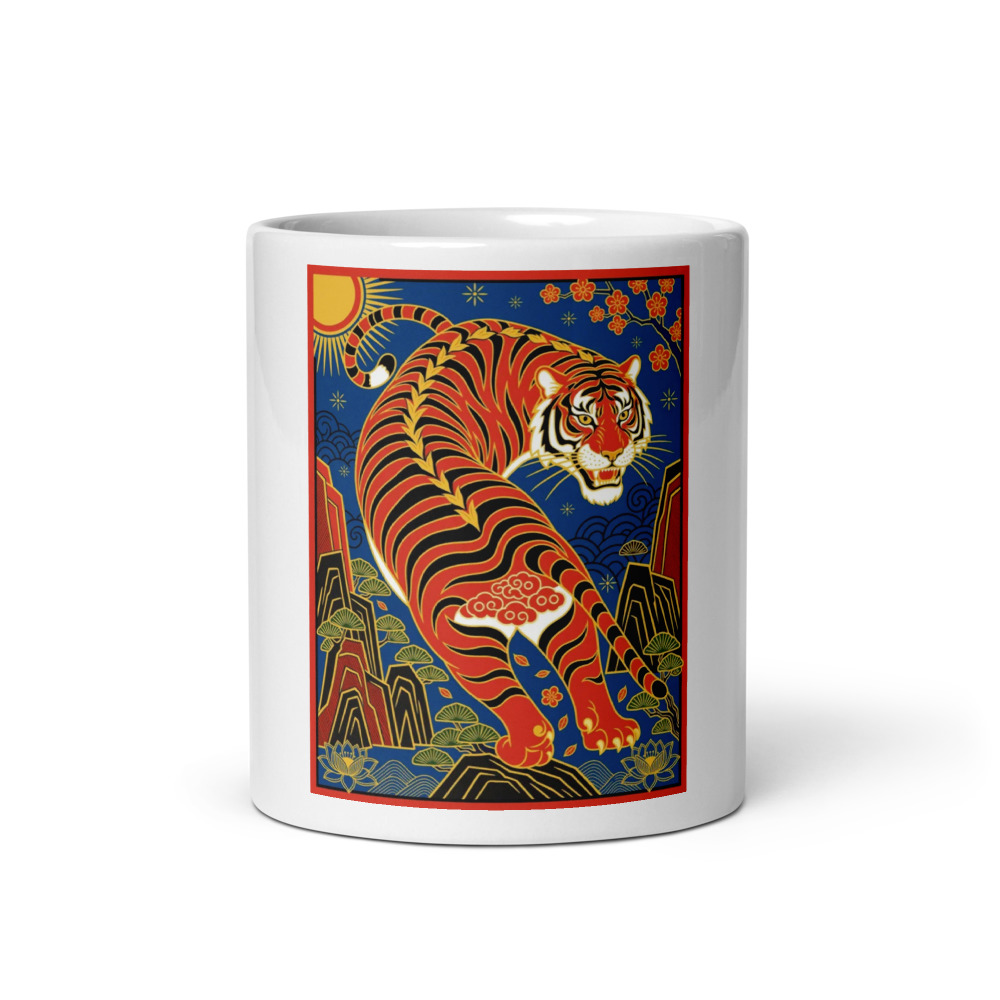 Guochao Tiger 虎 Mug, Chinese tiger art, ceramic coffee cup for morning coffee, traditional Chinese decor, gift for art lovers