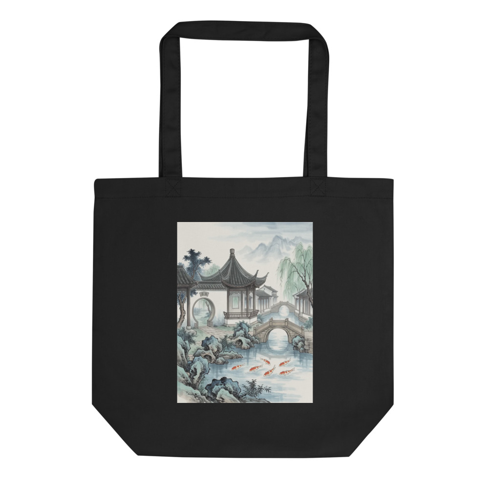 Lakeside Pavilion Tote Bag, serene nature artwork, organic cotton everyday carry, park and errands, gift for nature lovers