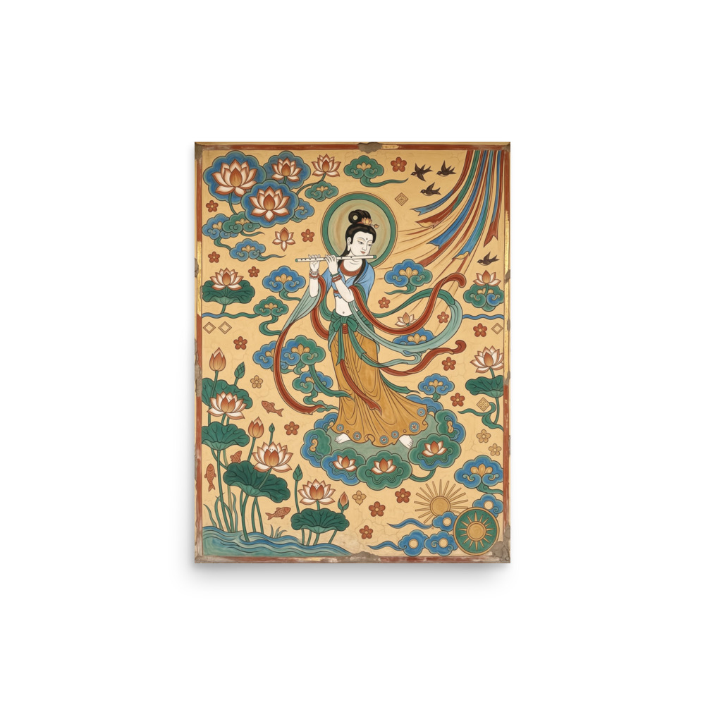 Celestial Musician Art Print, Dunhuang-inspired cave fresco style, lotus cloud wall decor, thoughtful gift for art lovers