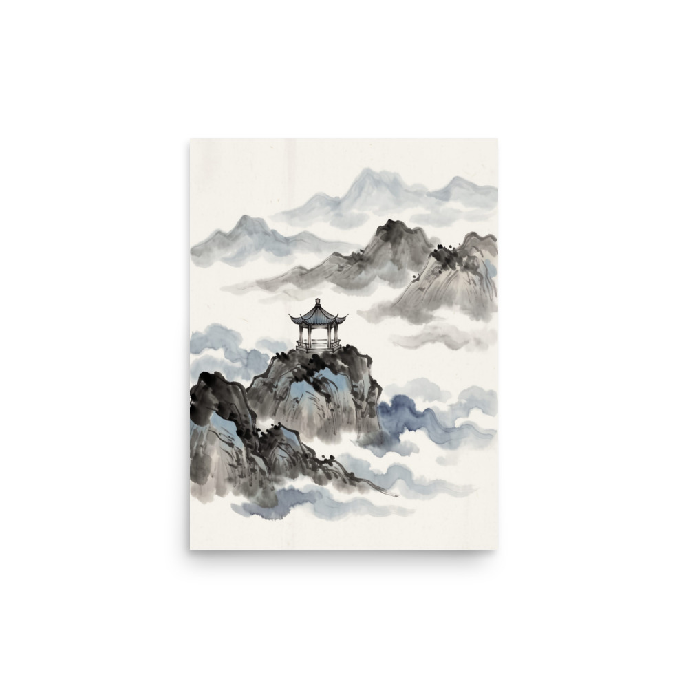 Pavilion Above Clouds Art Print, traditional Chinese ink wash, serene study decor, mountain landscape gift, full-bleed wall art