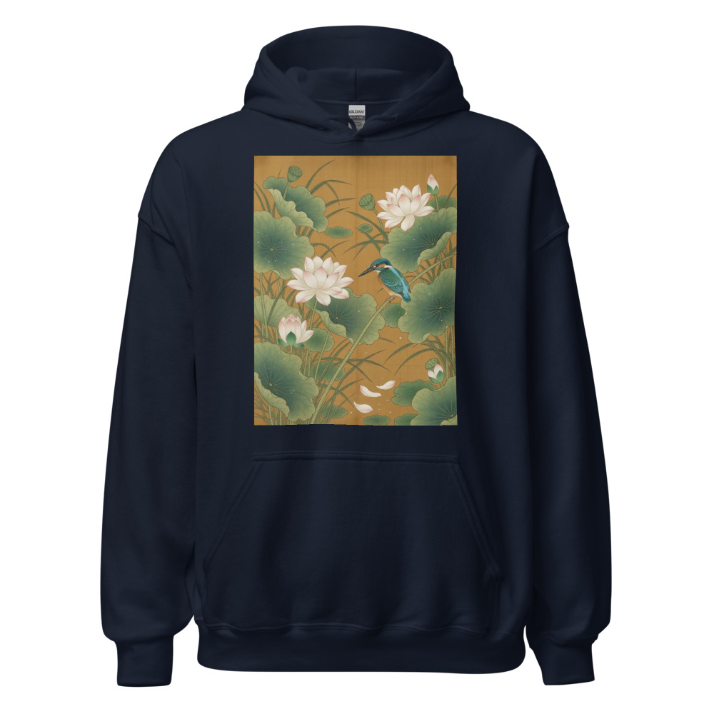 Lotus & Kingfisher Hoodie, botanical nature design, casual everyday wear, thoughtful gift for art lovers, lotus and kingfisher artwork